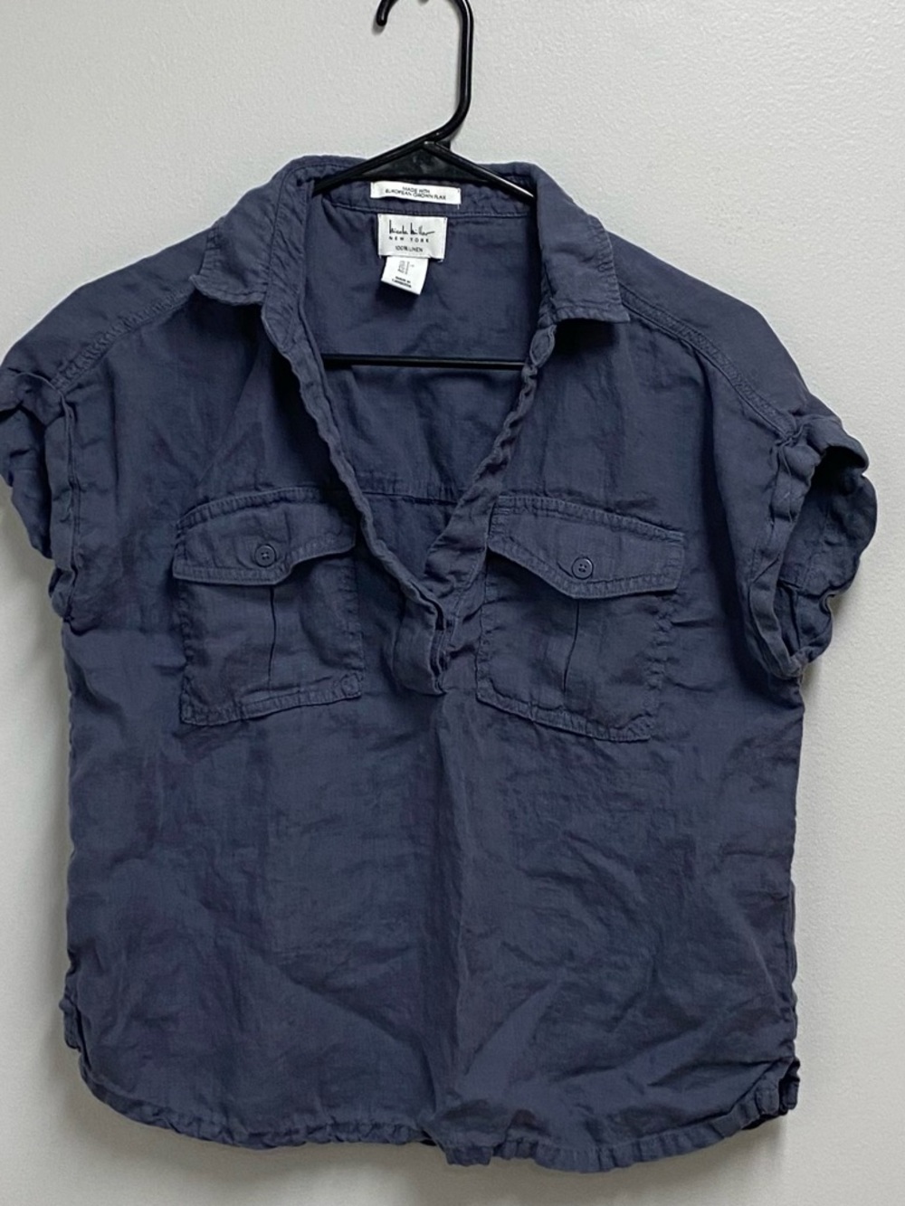 Nicole Miller New York stone Blue 100% linen top blouse size small